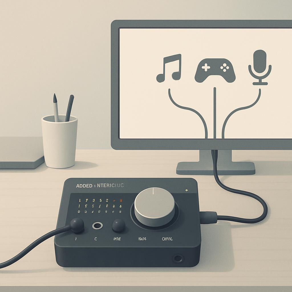 An illustration of a computer setup with a monitor displaying gaming icons.