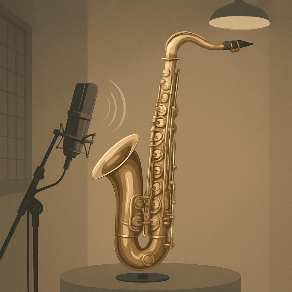 A saxophone in a recording studio, one grand horn near a microphone in an otherwise empty room.