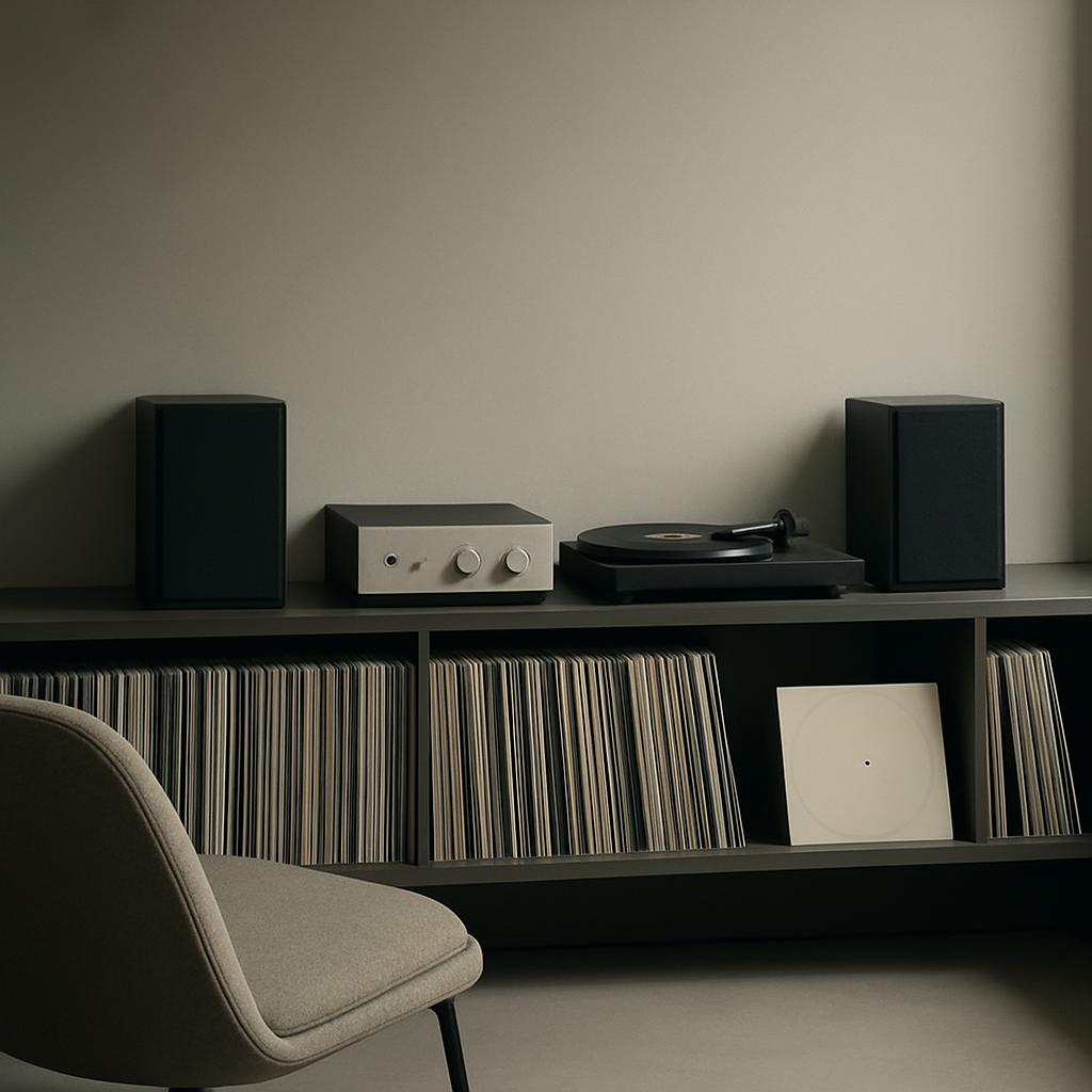 A person is spinning records on a turntable on a minimalist grey or cream background.