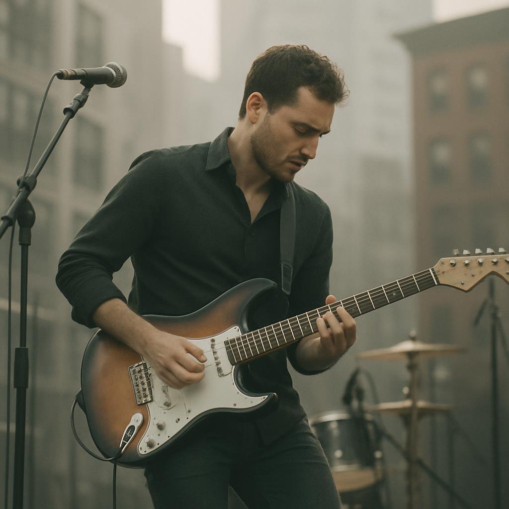 title A man plays a brown and white guitar on stage.