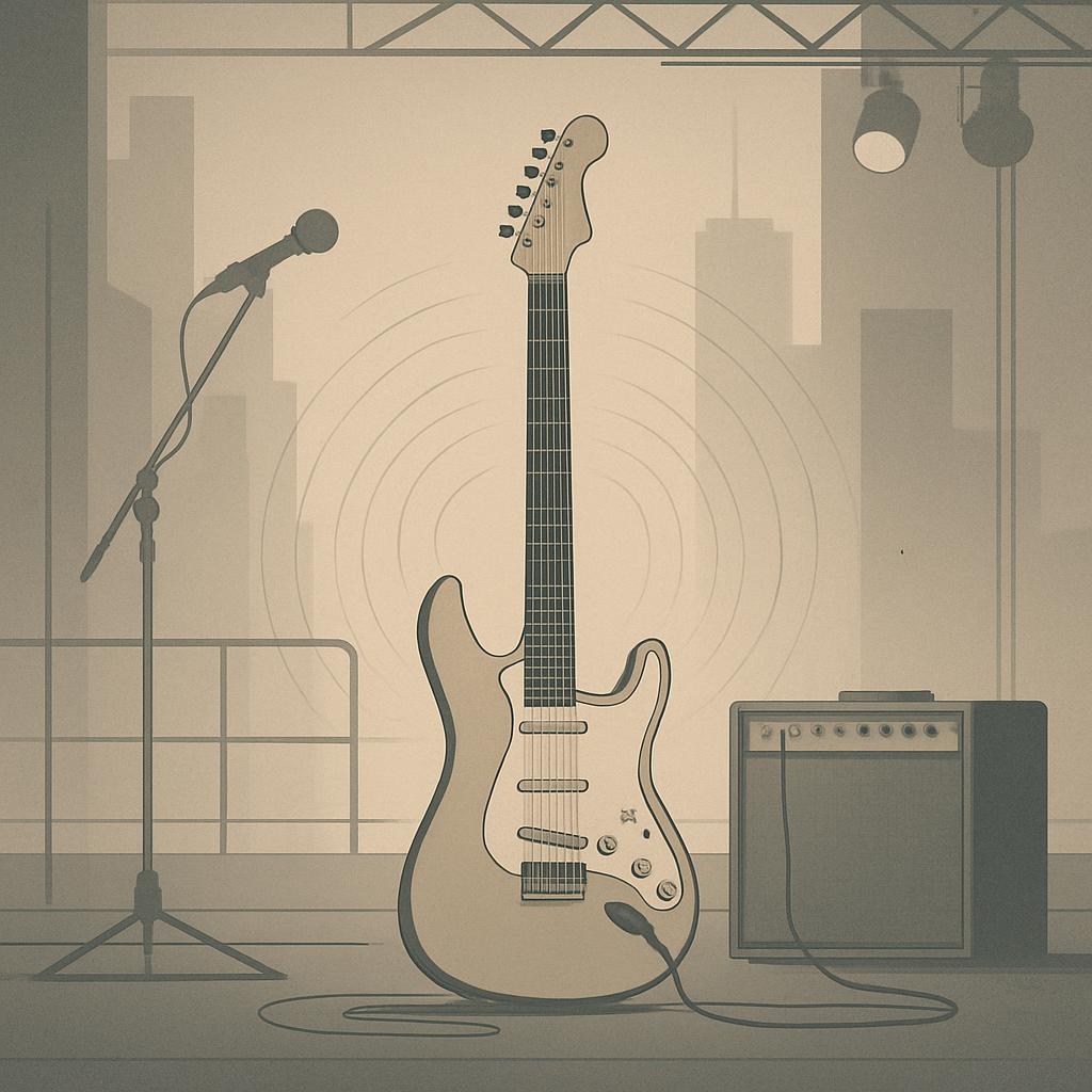 A monochrome illustration of a stage featuring a guitar, microphone boom, and amplifier, set against a city skyline backdrop.